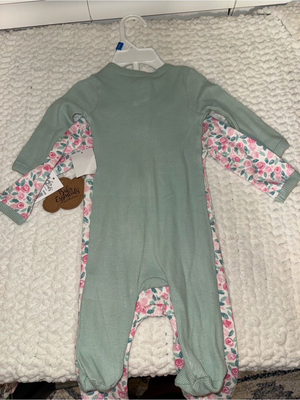 Baby Essentials Pink Rose Floral Zip Footie with Sage Top - Two-Piece - Picture 2 of 2